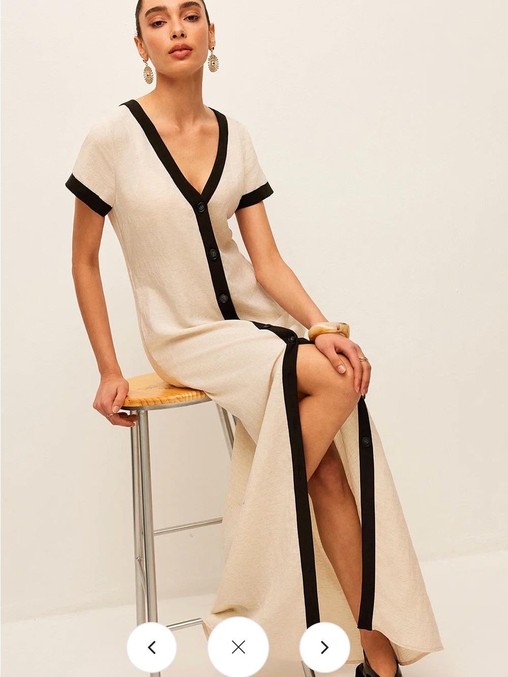 Commense Linen Blend V-Neck Button-Front Maxi Dress with Black Trim - Picture 5 of 10